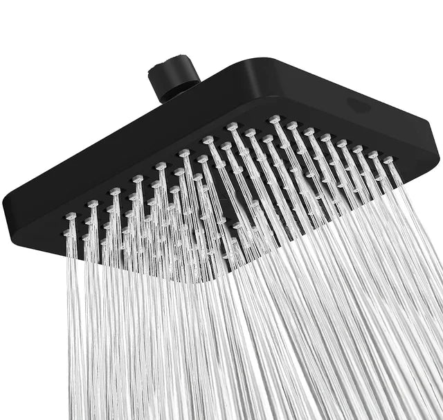 A black 6-inch high-pressure rainfall shower head with multiple nozzles spraying water.