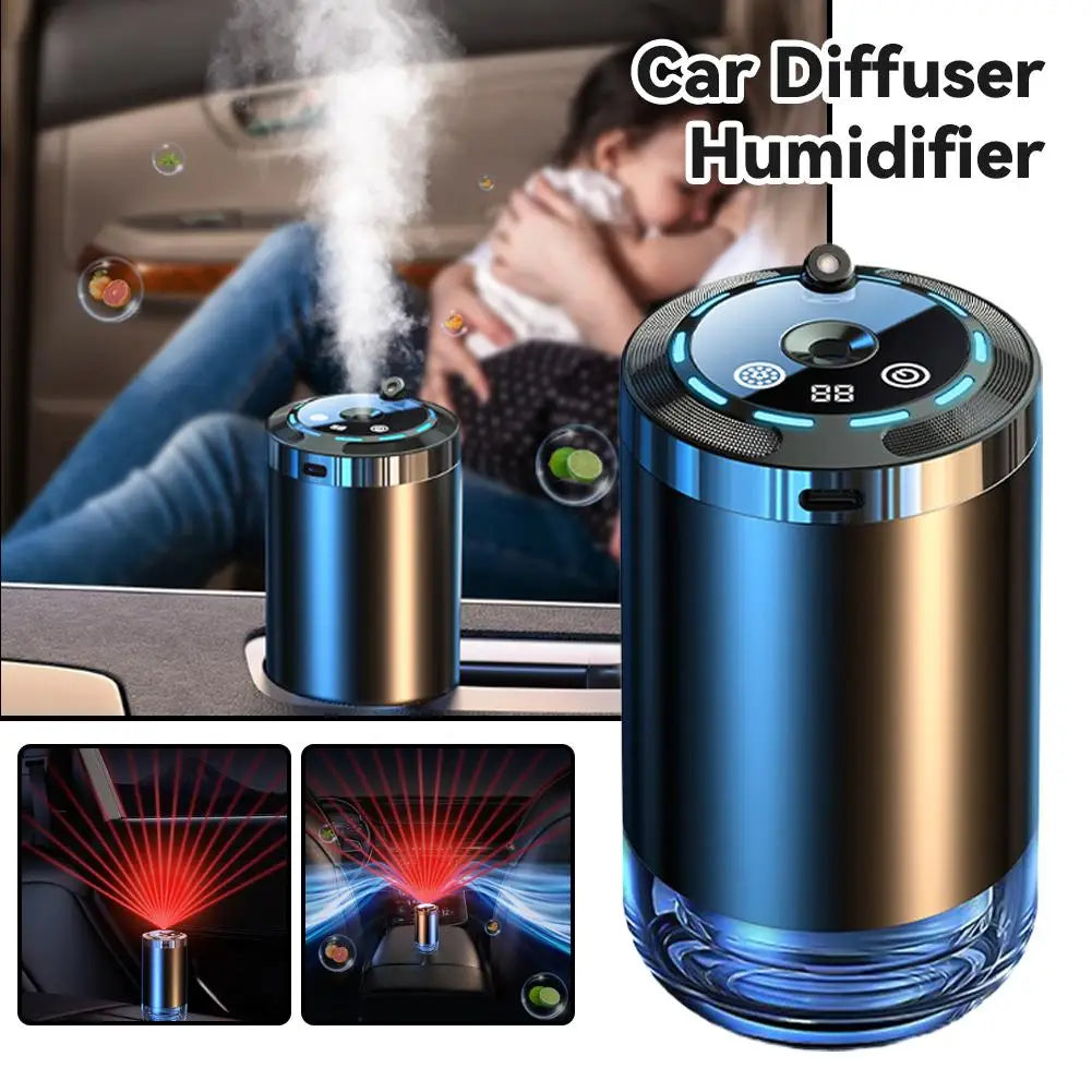 A sleek, metallic car diffuser humidifier with ambient star light projection shown in a vehicle interior.