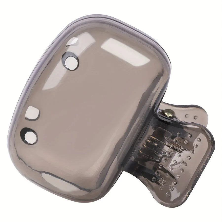A clear silicone cover for a portable toothbrush head, designed to clip onto the brush.
