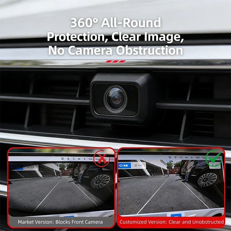 A close-up view of a car camera lens protector installed on a vehicle grille, demonstrating clear image protection.
