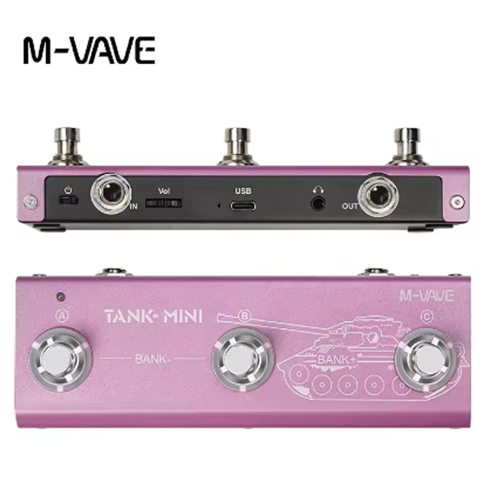 A pink M-VAVE multi-effects guitar pedal featuring input/output jacks and bank controls.