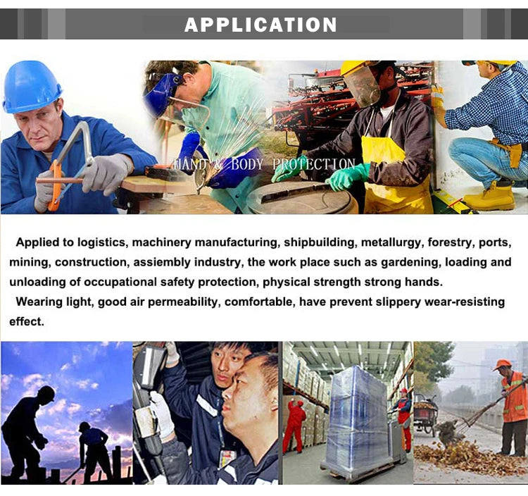 A collection of people wearing PU-coated work gloves in various industrial and outdoor settings.