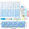 Ergonomic crochet hook set with blue bee design featuring hooks ranging from 2.0 to 10.0mm and a matching storage pouch.