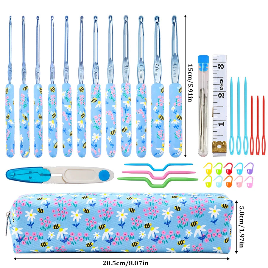 Ergonomic crochet hook set with blue bee design featuring hooks ranging from 2.0 to 10.0mm and a matching storage pouch.