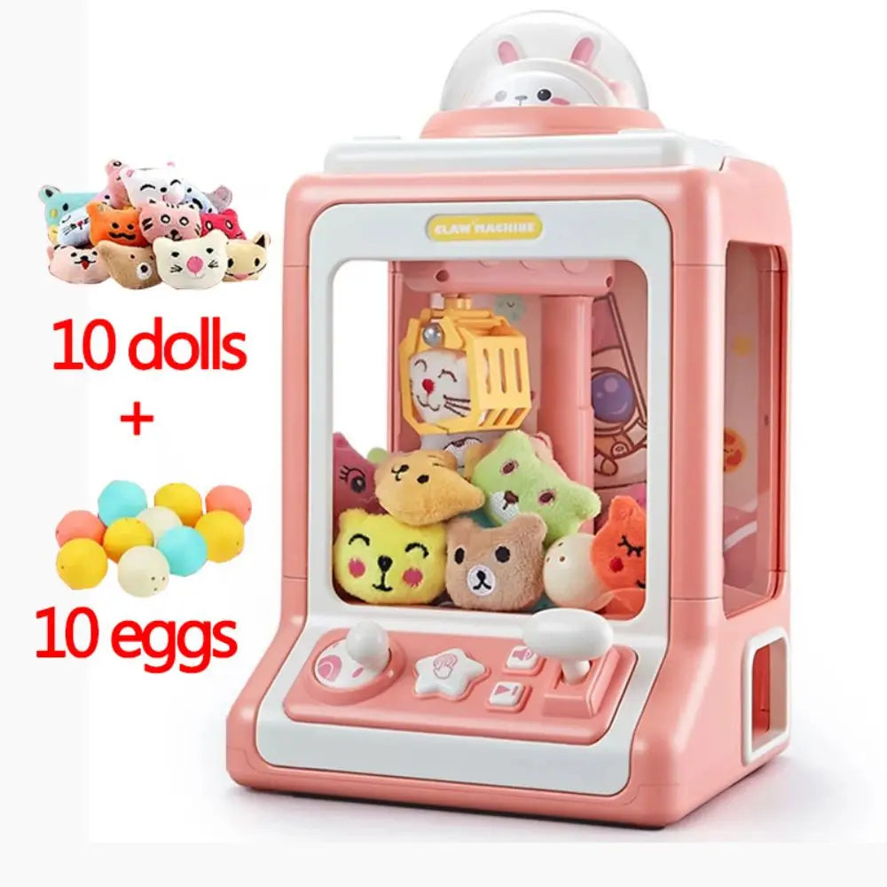 Pink mini claw crane machine toy for kids with lights and music featuring various animal figures