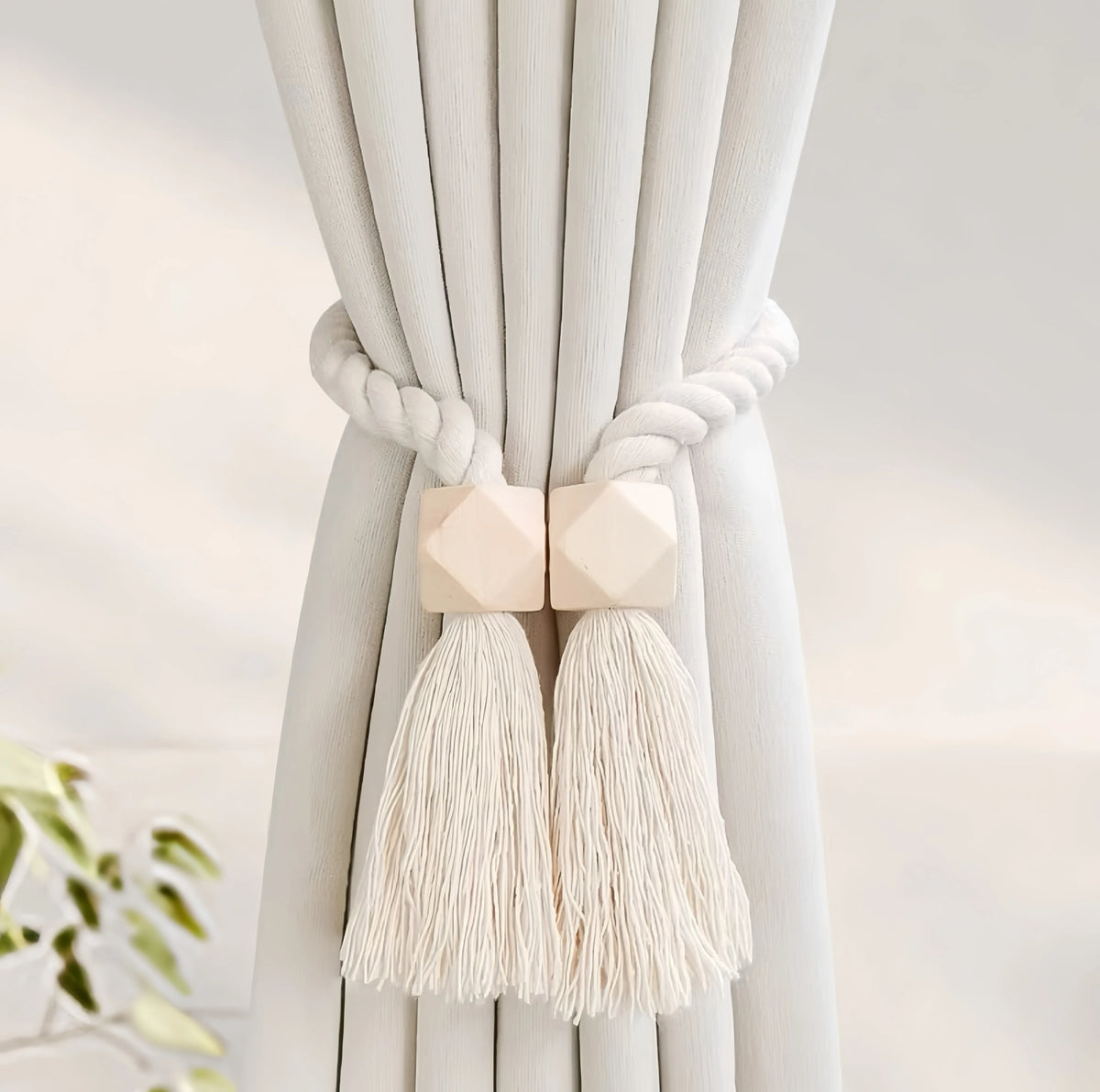 Handwoven Boho Curtain Tiebacks with Wooden Beads