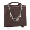 A dark brown leather handbag with a silver metal chain strap attached.