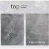 A close-up view of a dark gray rug demonstrating instant water absorption and drying in 5 seconds.