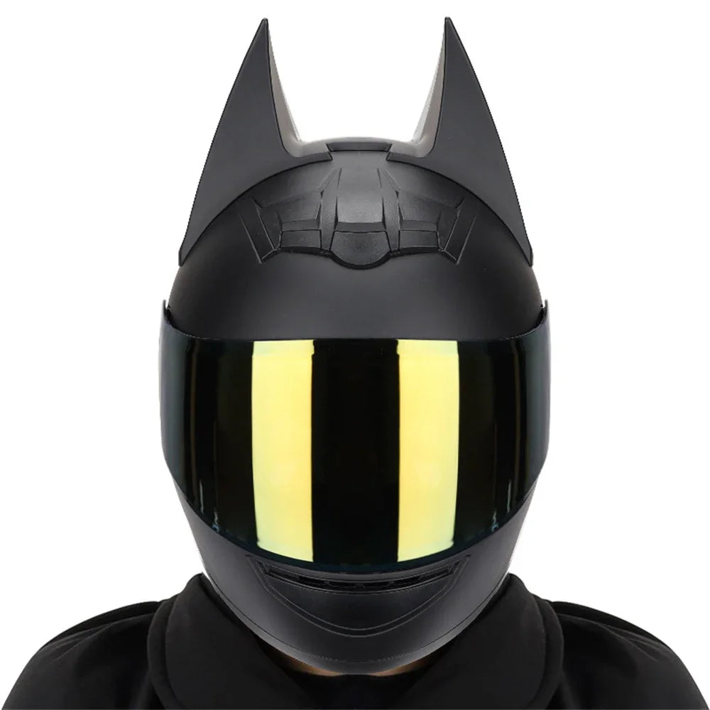 Black Bat Ear full face motorcycle helmet with yellow visor and detachable horns