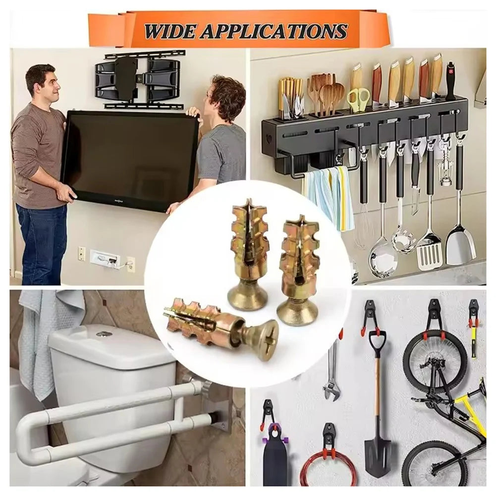 A set of heavy-duty self-tapping wall anchors is shown in various applications including a television mount and plumbing fixt
