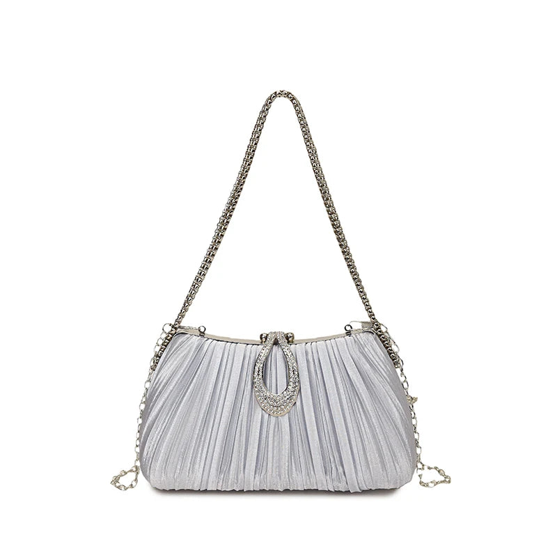 Silver rhinestone evening clutch bag with a thin chain strap