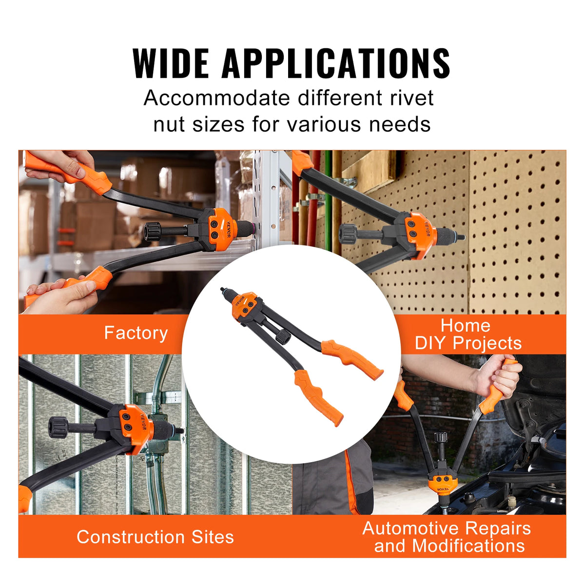 Orange pliers tool kit for various rivet nut sizes used in factory, construction, and automotive repairs