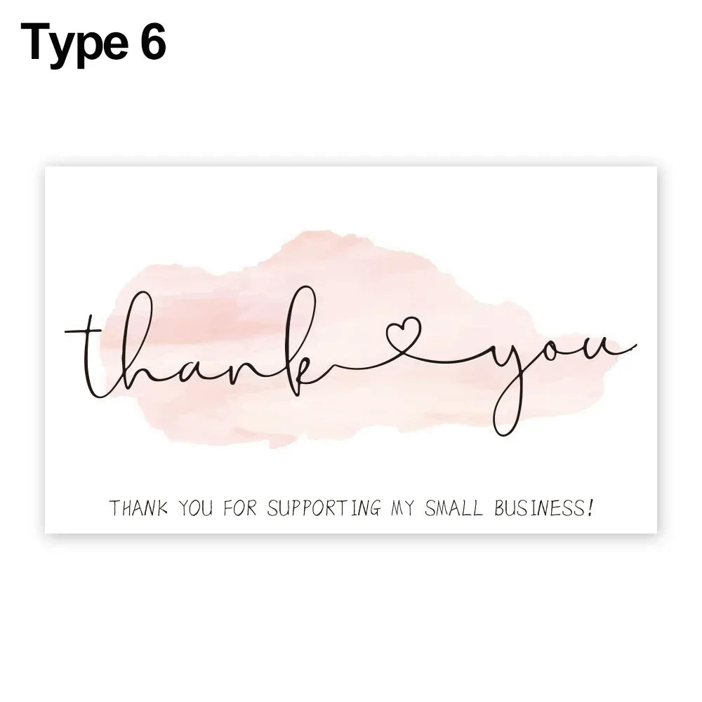 A greeting card featuring the text thank you and thank you for supporting my small business on a soft pink background.