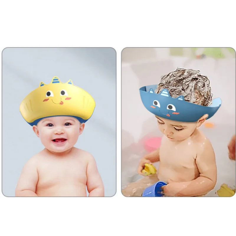 A baby wearing a yellow shield cap with a face design and ear protection during a bath.