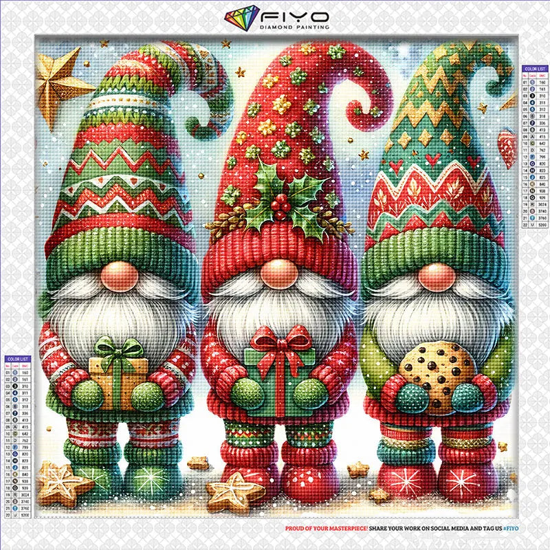 Kit de peinture de diamants avec trois figures de gnomes tricotés aux couleurs et motifs de Noël