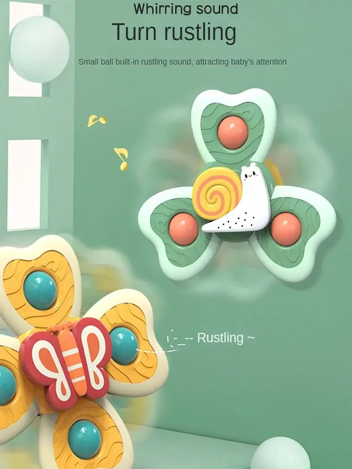 A close-up of a silicone bath toy shaped like an insect with a swirling texture, used to make a whirring sound.