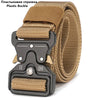 A close-up view of a tan plastic buckle and strap for a tactical belt.