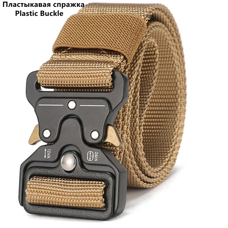 A close-up view of a tan plastic buckle and strap for a tactical belt.