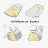 Illustration of a multifunction blanket shown in three uses: as a lap blanket, a bed cover, and a seated throw.