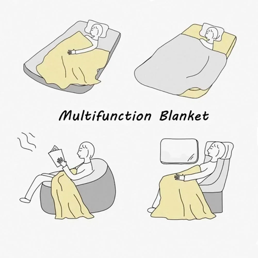 Illustration of a multifunction blanket shown in three uses: as a lap blanket, a bed cover, and a seated throw.