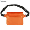 Orange waterproof phone pouch with a black adjustable strap for swimming and outdoor use