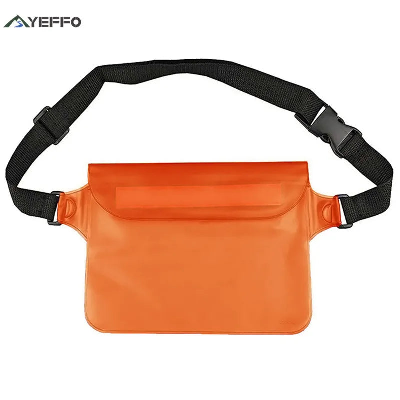 Orange waterproof phone pouch with a black adjustable strap for swimming and outdoor use