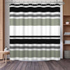 A shower curtain featuring horizontal geometric stripes in shades of black, gray, and olive green.
