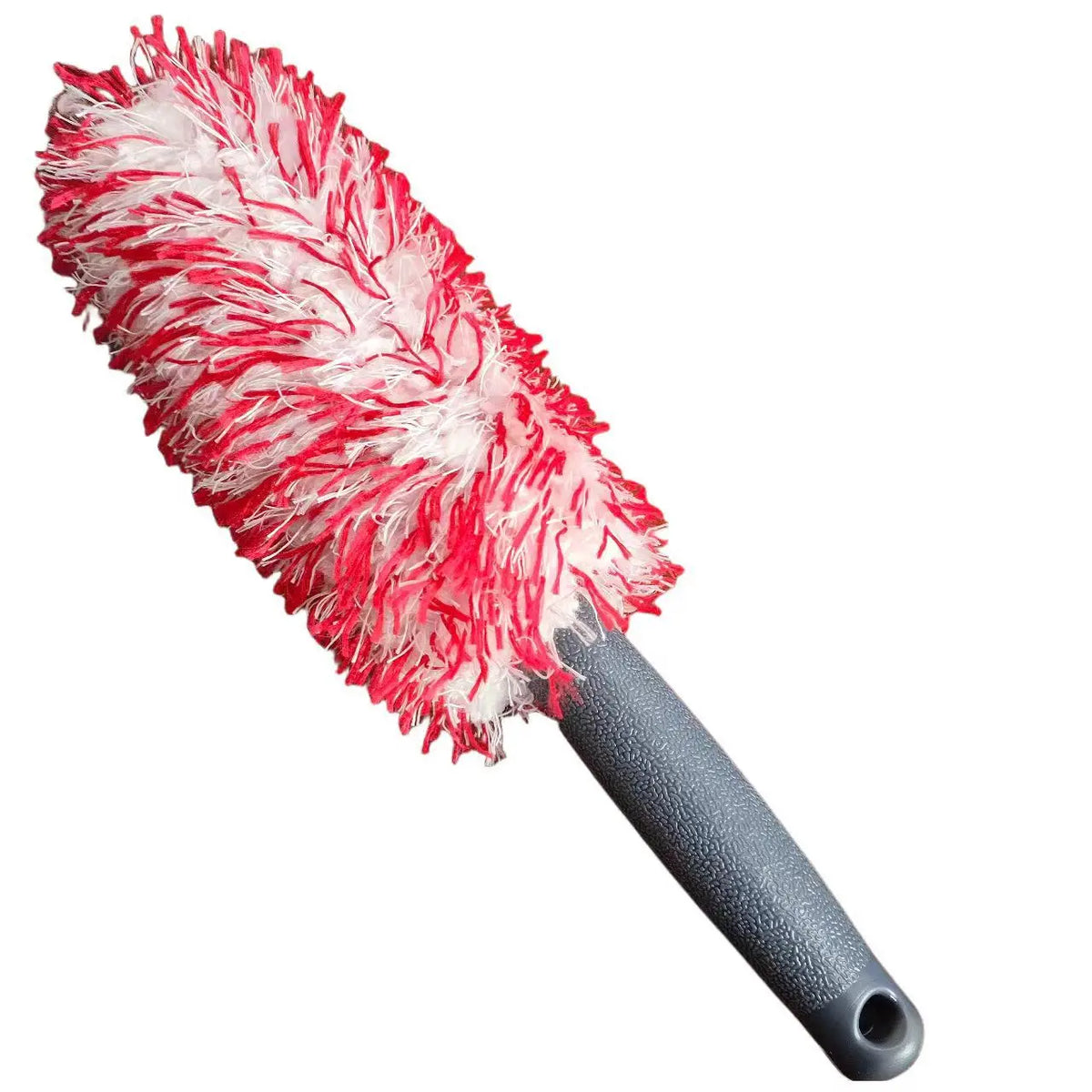 A red and white super plush wheel cleaning brush with an ergonomic handle.