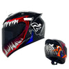 Black full-face motorcycle helmet with red and white graphic design