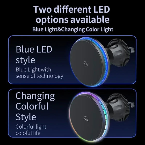 Two LED lighting options for a magnetic car wireless charger, featuring blue light and changing colorful light.