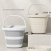 A white collapsible outdoor bucket with a carry handle shown in two color options on a light surface.