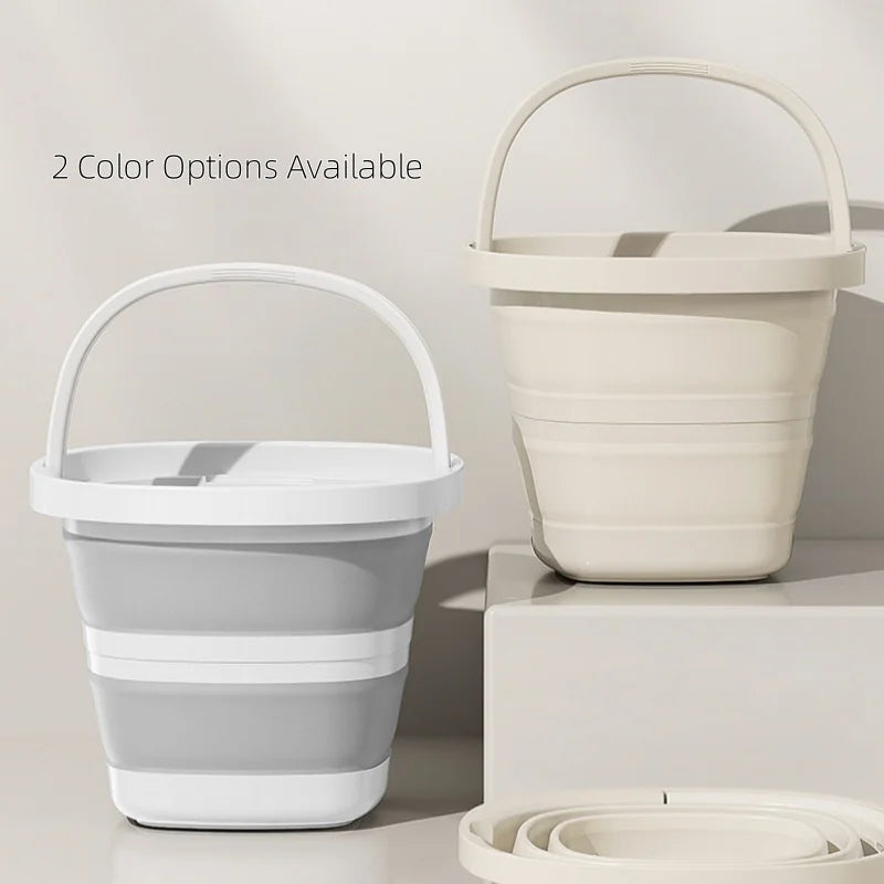 A white collapsible outdoor bucket with a carry handle shown in two color options on a light surface.