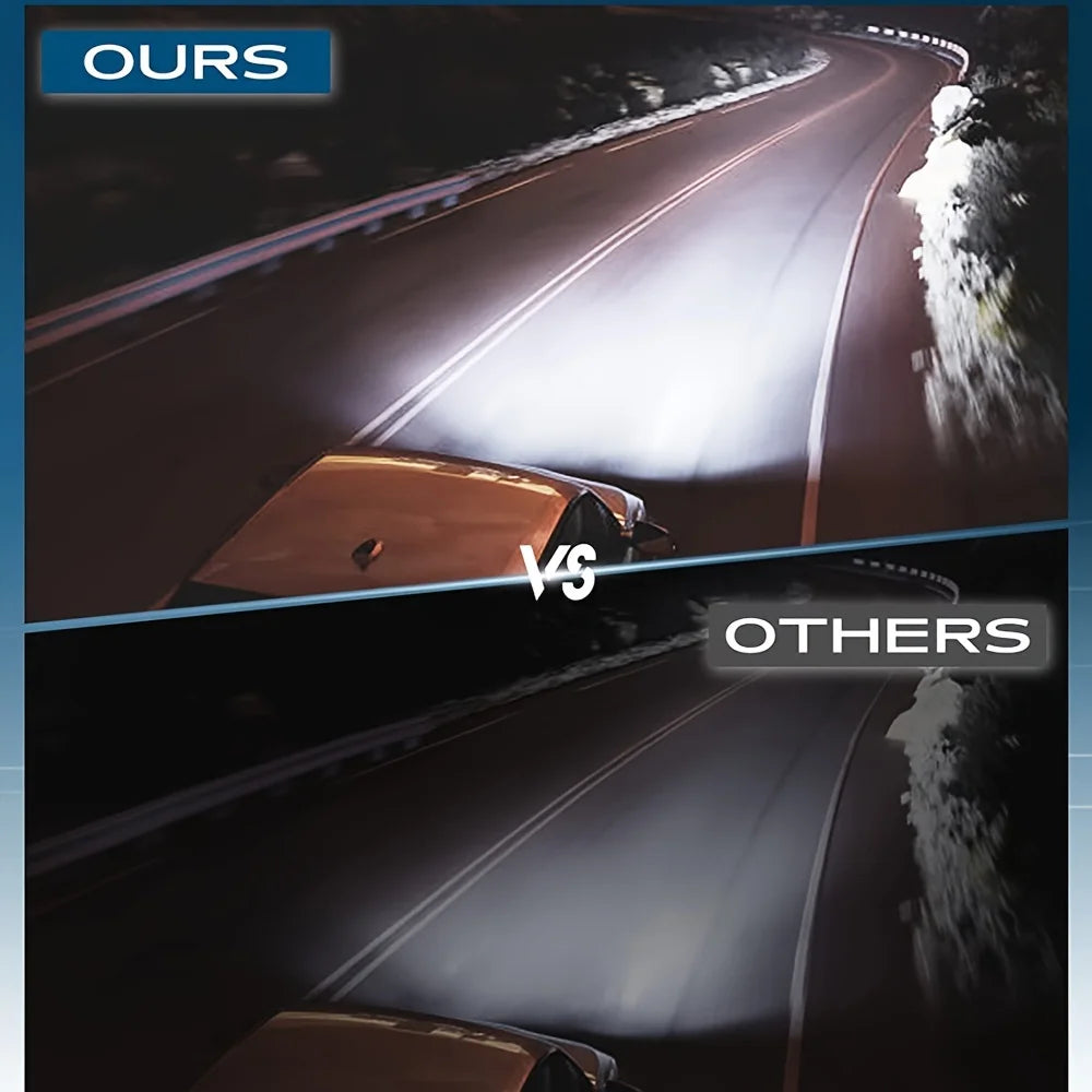 Aufgeteiltes Bild, das ein Fahrzeug mit einer Ours LED-Lichtleiste im Vergleich zu anderen auf einer Straße bei Nacht zeigt.