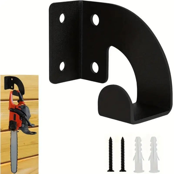 Porte-à-l'arme de scie à tronçonner noire et robuste avec trous de montage et divers forets.