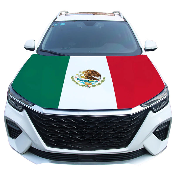 A white car hood covered with the Mexican flag design featuring the national emblem.