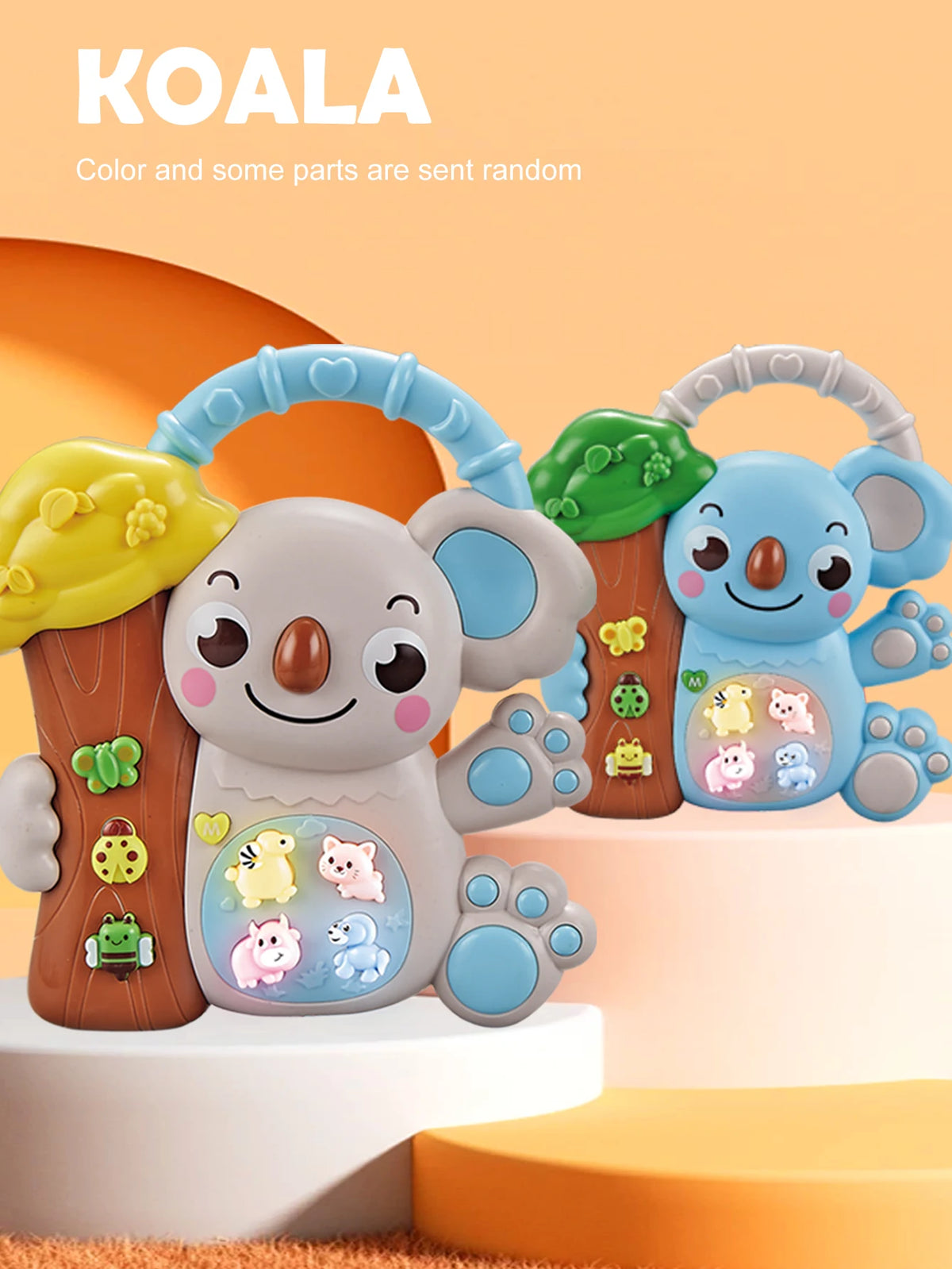 A Koala toy featuring a tree trunk body and arms, with various colored parts, sitting on an orange surface.