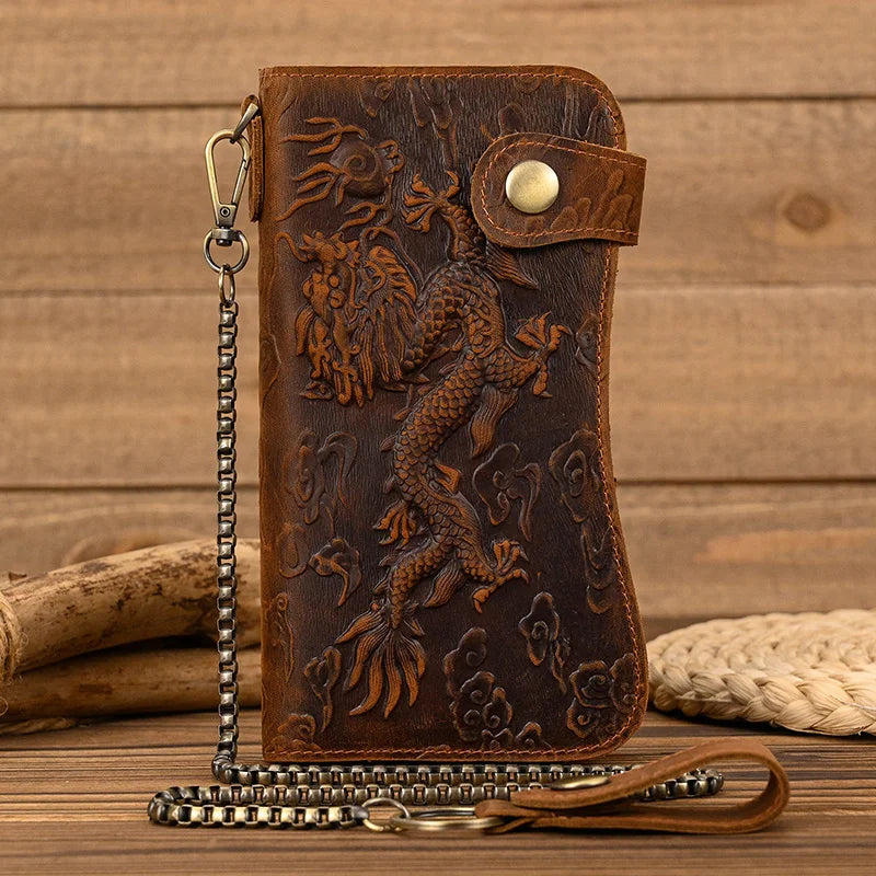 Vintage Leather Bifold Wallet with Metal Chain