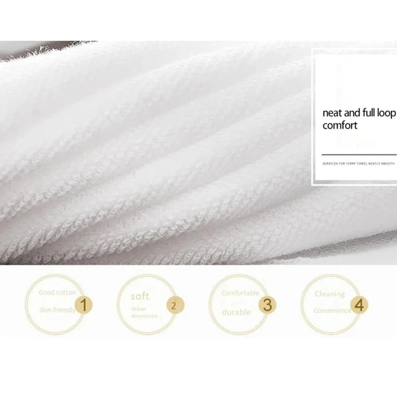 Close-up of a white soft cotton terry cloth face towel showing its texture and comfort features.