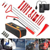 A kit of emergency car door unlock tools including an air wedge, grabber, and various metal tools in red and black.