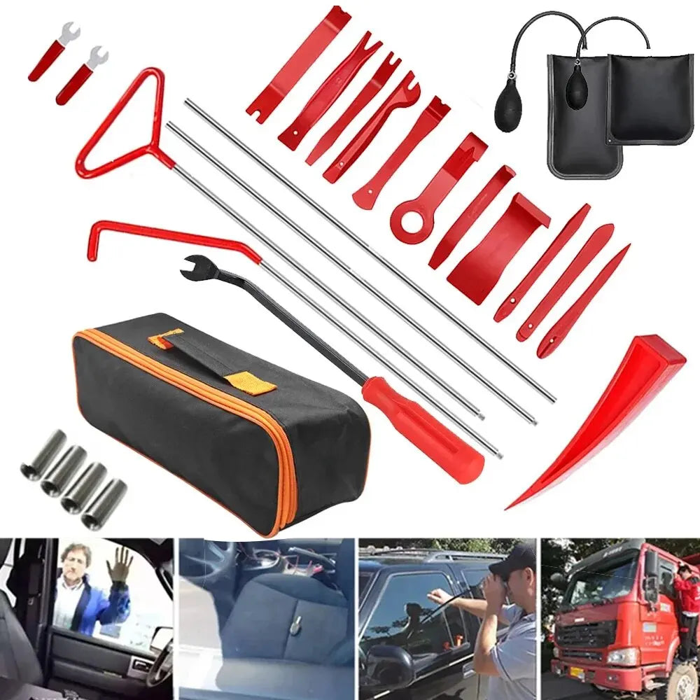 A kit of emergency car door unlock tools including an air wedge, grabber, and various metal tools in red and black.