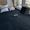 A black carpet features a pink plush pig, a rainbow pillow, and a black textured cushion near a window.