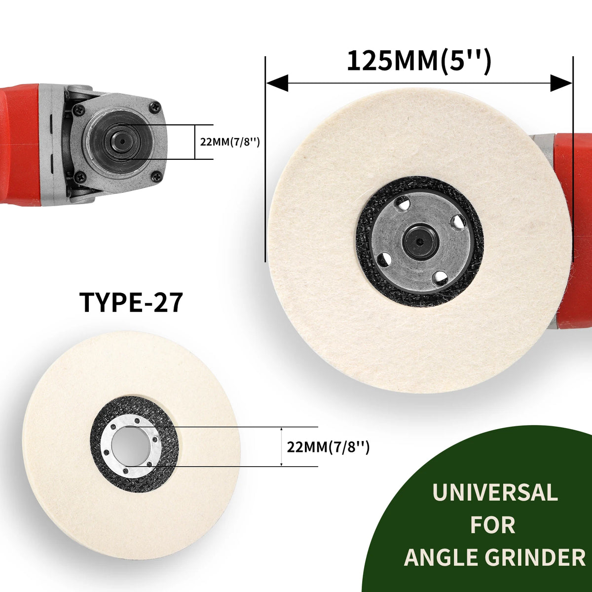 A close-up view of a Type-27 wool polishing wheel for angle grinders, showing its dimensions and mounting area.