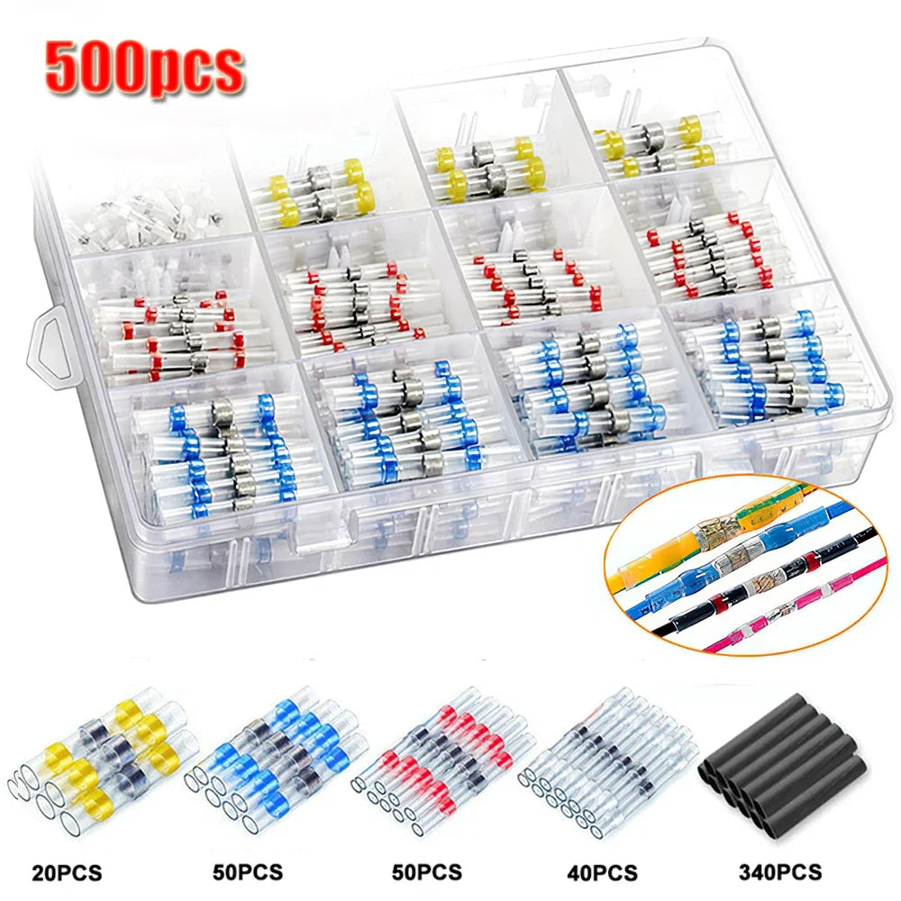 A plastic storage box containing various quantities of waterproof heat shrink solder wire connectors with tin-coated copper t