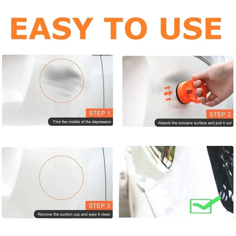 Step-by-step instructions showing how to use a heavy duty car dent puller kit with two suction cups.