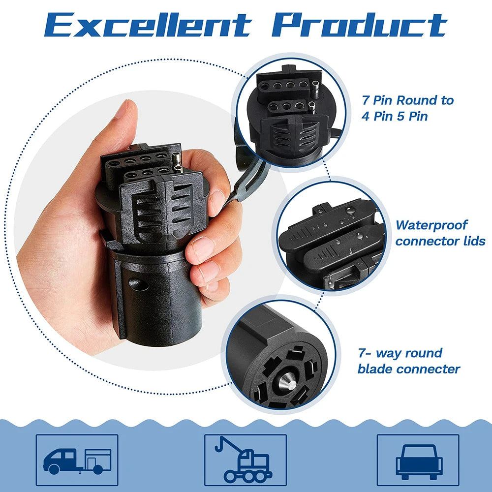 A black 2-in-1 trailer plug adapter showing various connector types including 7-pin to 4/5-pin and a 7-way round blade connec