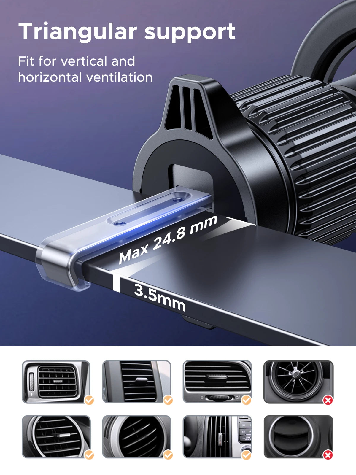 A close-up view of a magnetic car phone mount demonstrating triangular support for vertical and horizontal ventilation.