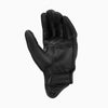 Black leather motorcycle gloves with a textured surface and a logo on the wrist.