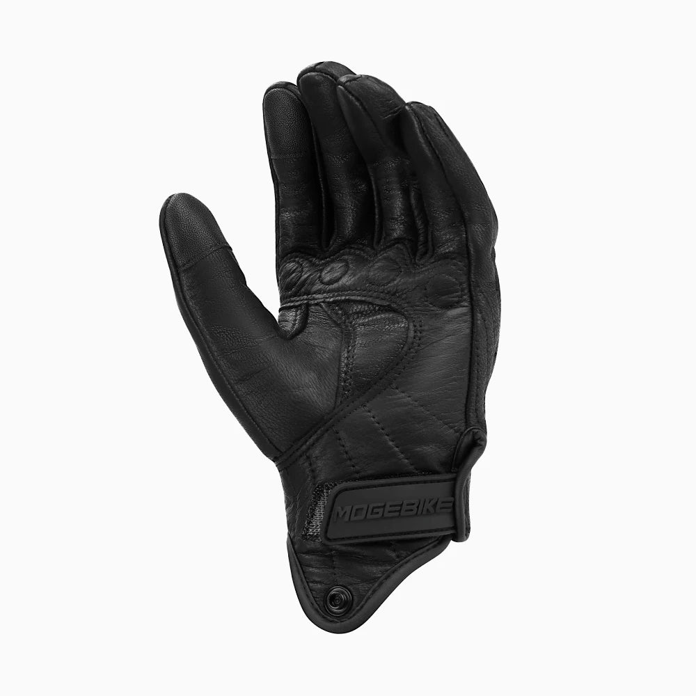 Black leather motorcycle gloves with a textured surface and a logo on the wrist.