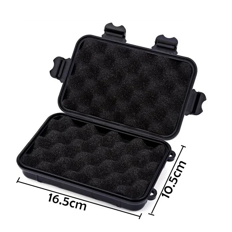 Black waterproof sealed storage box with a lid and a separate compartment for outdoor gear