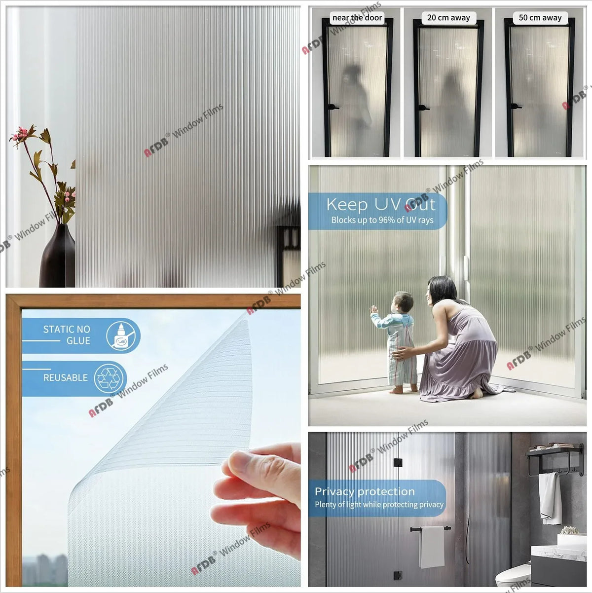 Frosted stripe privacy window film shown in various applications including window coverings and door panels.